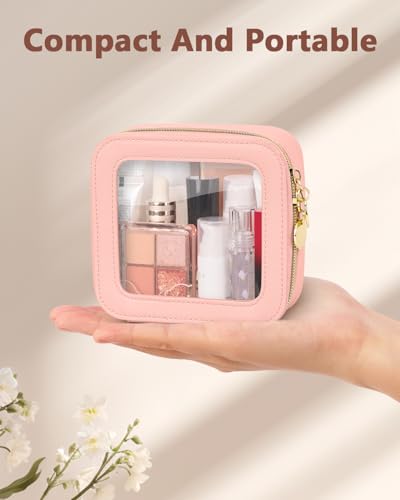 Soimeat Clear Makeup Bag, Portable Travel Cosmetic Bags, Multipurpose Leather Toiletry Bag with Zipper, Waterproof Transparent Cosmetic Organizer for Women, Mini, Pink - color: Pink, size: Mini