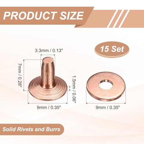 HARFINGTON 15Set Copper Rivets and Burrs Washers 9x3.3x7mm Dimpled Finish Solid Leather Rivet Fastener Studs Posts for Leather DIY Craft Belts Wallets Collars, Copper Tone - color: Copper Tone, size: 9x3.3x7mm