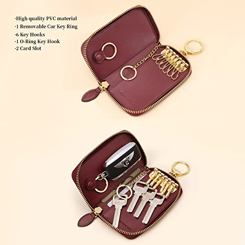GOLF SUPAGS Women PVC Leather Car Key Chain Card Holder Wallet Pouch 6 Hook Snap Closure keys Money Organizer Case | Card Holder - color: Brown×Wine, Large