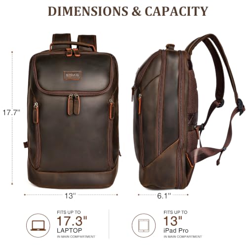 Polare Full Grain Leather Backpack for Men, 17.3" Laptop Business Travel Backpack with YKK Zippers, Vintage Carry On Work Bag for Office, Commuting, Overnight Trips & Daily Travel