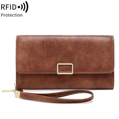 Women Leather Wallet Crossbody Shoulder Bag with Double Zipper and Mobile Phone Purse with Shoulder Strap - color: 367-brown