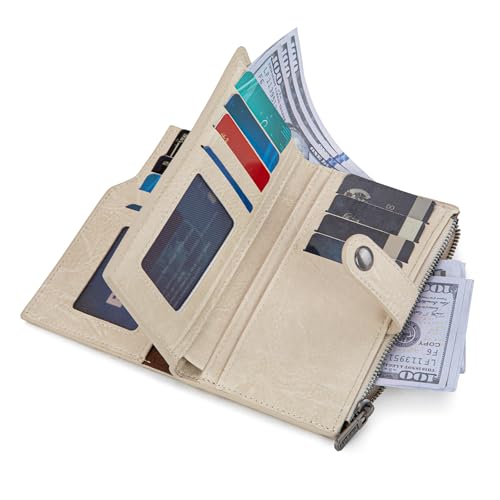 Wrangler Wallet for Women Bifold Card Holder with Zipper and ID Window - color: Tan-Jeans Blue
