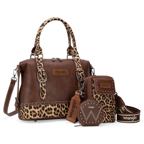 Wrangler 3Pcs Doctor Bag Sets for Women Top-handle Satchel Bag with Cell Phone Handbag and Coin Purse - color: Brown Leopard