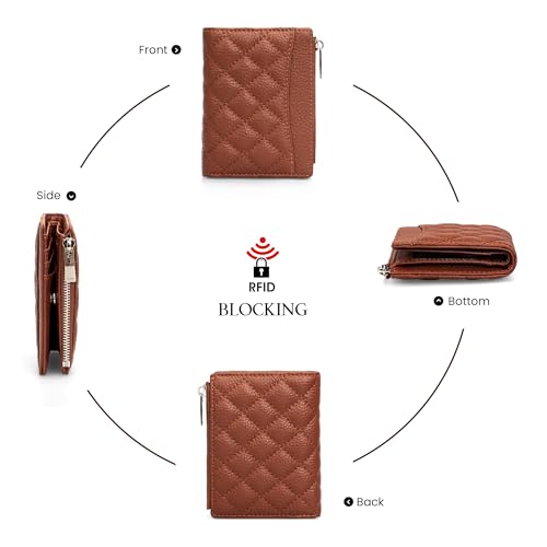 befen Genuine Leather Small RFID Blocking Bifold Wallet for Women with Zipper Coin Pocket Key Chain Wallet Purse - Brown - color: Brown