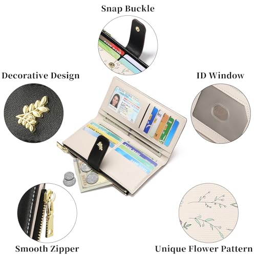 GAEKEAO Womens Wallet Slim Thin RFID Blocking Floral Vegan Leather Card Holder Bifold Long Ladies Wallet with Zipper Pocket - color: Black