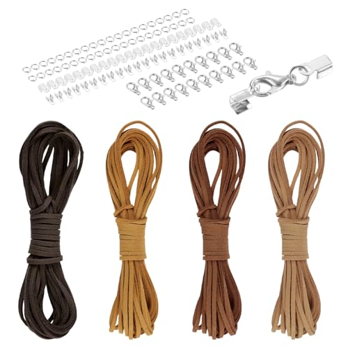 MECCANIXITY 4 Pcs Suede Cord, 5.5 Yards Flat Faux Leather Cord Soft Durable Leather String with Silver Closed-Mouth Ring Rope Clip Lobster Clasps for Art Craft, Coffee Series - color: Coffee Series