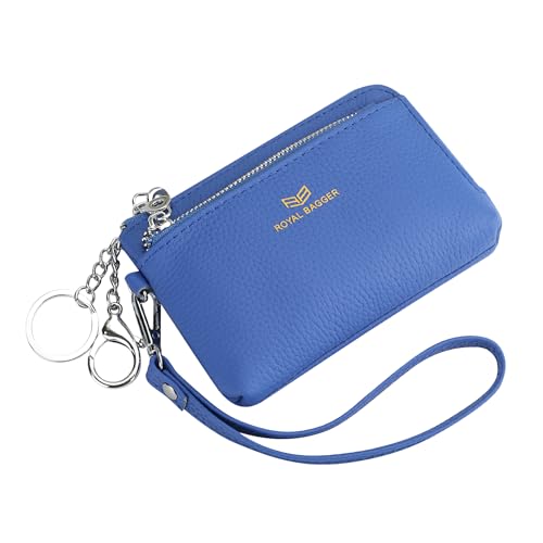Royal Bagger Women's Genuine Leather RFID Coin Purse for Women, Multi-Zipper Clutch Wallet with Keychain & Wristlet 1903 (Blue) - color: Blue