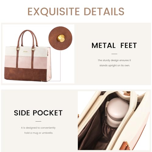 LOVEVOOK Laptop Bag for Women, 15.6 Inch Laptop Tote Bag, Vintage Leather Work Bags for Women, Waterproof Computer bag with Clutch Purse, Large Capacity Briefcase, Business Office Bag | Two-piece set - color: Brown - Pink - Beige, size: 15.6 inch
