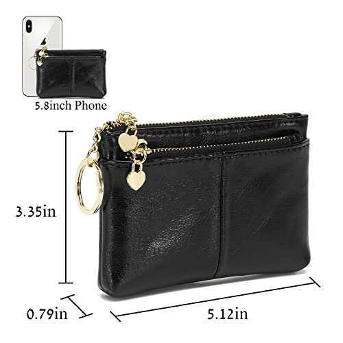 Women PU Leather Zip Mini Coin Purse With Key Ring Triple Zipper Card Holder Wallet(Black) - color: Black