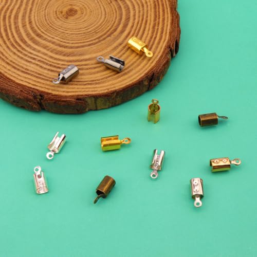 300pcs Stainless Steel Fold Over Cord Ends Fold Over Crimp Caps Ribbon End Clasp Tips Clamp Cord Ends Jewelry Connector for for Jewelry Making/Necklace Cord/DIY Crafts(6 Colors) - color: gold, silver, k gold, white k, antique cyan, gun black