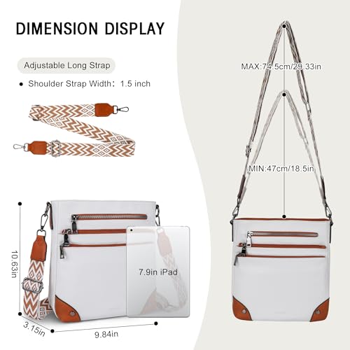 TANTOMI Crossbody Bag for Women PU Leather Travel Purse | Trendy Women's Shoulder Handbags, Comfort Adjustable Wide Strap, Water-Resistant, Multi Pockets for Daily Use & Travel - color: White/Light Brown
