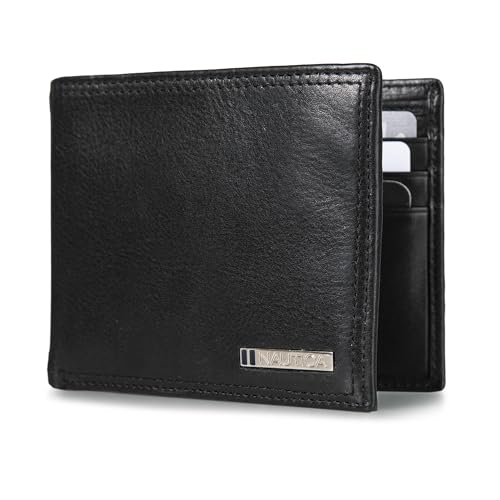 Nautica Men's Bifold Leather Wallet | RFID Blocking | ID Window | Card Slots | Organization | Durable | Stylish - color: Enameled Logo - Black