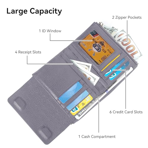 Women's Bifold Wallet, Genuine Leather, Magnetic, ID Window | Holds 10+ Cards, 2 Zip Coin Pockets, Pebbled Cowhide, Snap Closure, Large Capacity, Multiple Colors, Compact 5.5x3.9in - color: B-Dark Gray