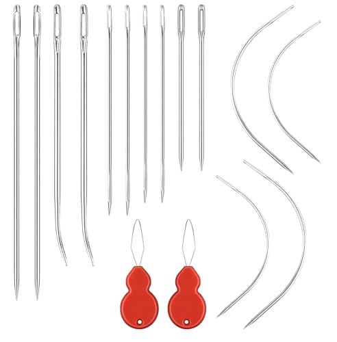 LIQWEI Leather Needles Hand Sewing, 14Pcs Heavy Duty Sewing Needle Set with 2Pcs Threaders, Curved & Triangular Needles for Upholstery, Leather, Canvas Repai