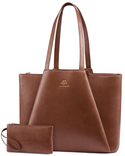 LOVEVOOK Laptop Tote for Women - 15.6 Inch Faux Leather Laptop Bag with Clutch, Large Capacity Office Purse Computer - color: Yellow & Brown, size: 15.6 inch