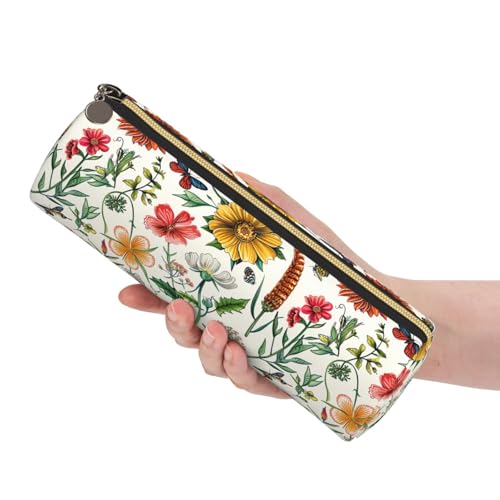 OSAM SPACE Leather Pencil Case Round Pencil Bag Flowers Dragonflies Butterfly Pen Organizer Holder Portable Zipper Pouch Cute School Supplies for Girls Boys Study Office - color: Flowers Dragonflies Butterfly