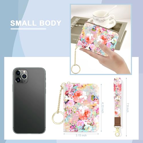 Credit Card Holder, Small RFID Wallet Slim Leather Card Organizer Case - color: B-Watercolor Flowers, size: Wrist Strap