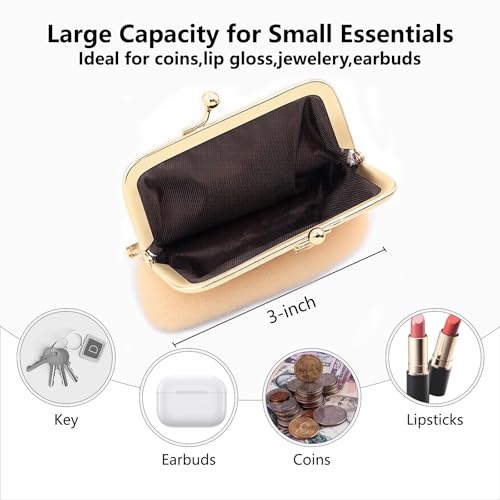 2 Pack Small Faux Fur Kiss-Lock Coin Purse for Women Soft Plush 3-Inch Mini Change Pouch with Keychain Tiny Coin Wallet