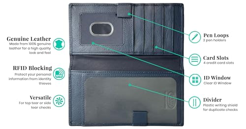 RFID Leather Checkbook Cover With Credit Card Slots and Pen Holder - color: Navy