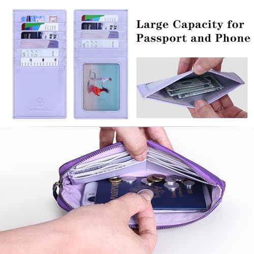 VISOUL Long Zipper Cash Wallet for Women with Removable Credit Card Holder Soft Genuine Pebbled Leather Contrast Color-Purple and Light Purple - color: Purple and Light Purple