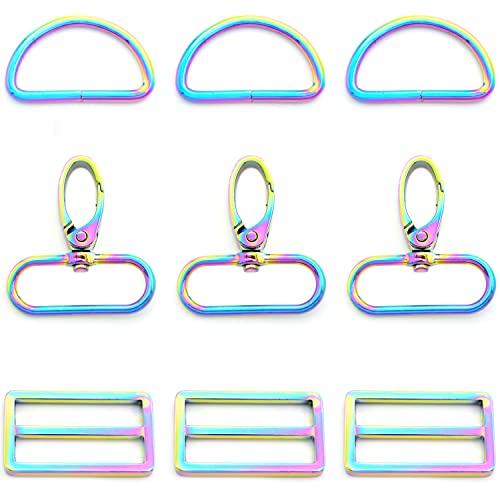 15Pcs Metal Swivel Snaps Hooks with D Rings & Tri-Glide Slide Buckles for Purse Bag Straps DIY Sewing Hardware Kit (1-1/2 inch, Rainbow) - color: Rainbow, size: 1-1/2 inch