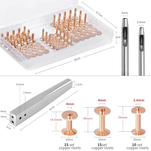 JUNESunShine 84Pc Copper Rivets and Burrs, Leather Fastener w/Setting Tool | 4mm Shank Sturdy Copper Rivets with #9 & #12 Burr Setters, for Belt Wallet Collar Shoe Pouch Tack Leather Working Craft - color: A. Copper