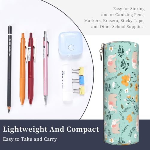 OSAM SPACE Leather Pencil Case Round Pencil Bag Cartoon Elephants Flowers Pen Organizer Holder Portable Zipper Pouch Cute School Supplies for Girls Boys Study Office - color: Cartoon Elephants Flowers