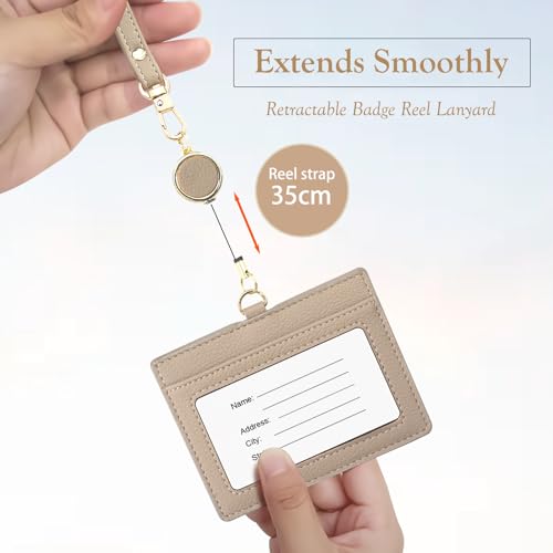 Office Badge Holder - Boshiho Genuine Leather Credit ID Card Holder with Stretch Neck Lanyard and Pen Clip, Gift Box (Horizontal-Light Brown) - color: Horizontal-light Brown