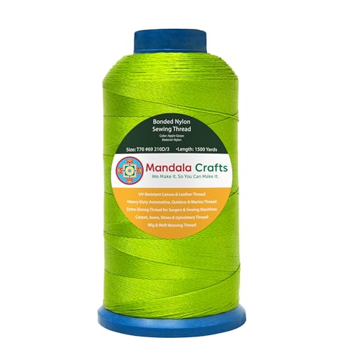 Mandala Crafts Size 69 210D T70 Apple Green Bonded Nylon Thread, 1500 YDs - color: Apple Green, size: T70 #69 210D/3 1500 Yards