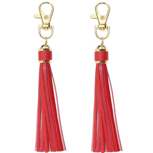 PENTA ANGEL 2Pcs 5.9'' Large PU Leather Tassel with Lobster Swivel Keychain Pendant for Handbag Backpack Jewelry Making (Red) - color: Red