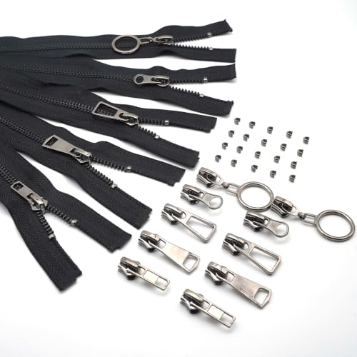 #5 Heavy Duty Metal Zipper 5 Pieces 1 Yard Long Each(Black/Silver Teeth) | 10 sliders, 20 top stops, pre-cut 1 yard each, for bags, pillows, jackets, DIY crafts, home decor - color: Black/Silver Teeth
