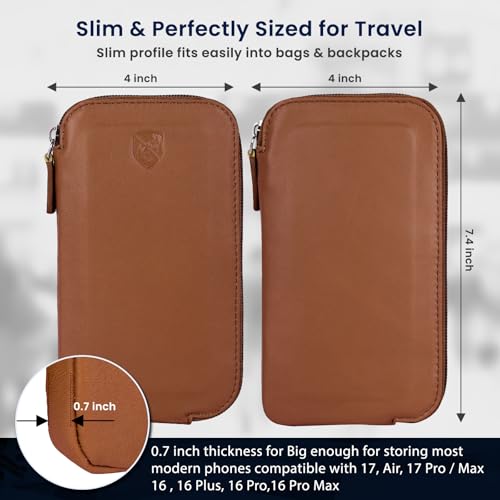 ALLEN & MATE Genuine Leather iPhone Pouch with Zip – Slim Mobile Phone Sleeve Cell Phone Pouch for iPhone 17 Pro Max, 16, 15, Google Pixel 10, Samsung Galaxy S25 & Android Smartphones Tan - color: Tan