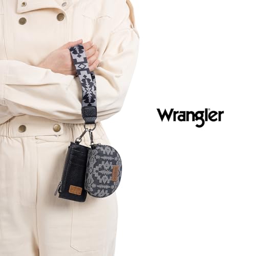 Wrangler Aztec Keychain Wristlet Wallets for Women Western Dual Pouch Wristlet Credit Card Holder Wallet with Zipper Pocket WG2212-W0051BK - color: Retro Black