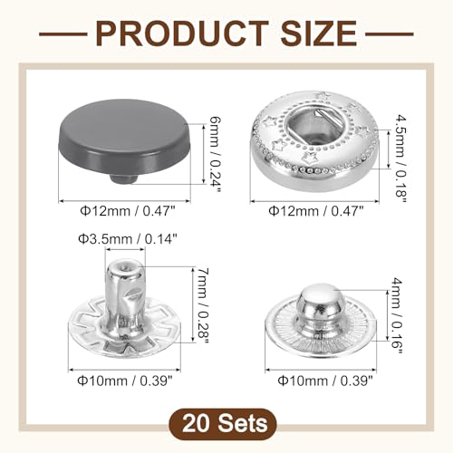 uxcell 20 Set Snap Fasteners, 12mm #633 Zinc Alloy Press Studs Buttons Popper Stud Cap for Clothing Jeans Jackets Leather Sewing Repairing, Dark Gray - color: Dark Gray, size: 12mm