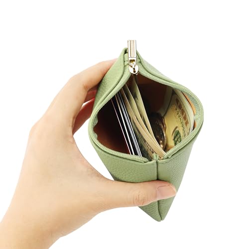 Chelmon PU Leather Coin Purse Pouch Change Holder Small With Zipper for Men Women 2 PCS Set (Black&Light Green) - color: Black&Light Green