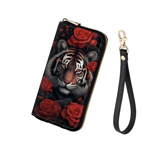 Women's RFID Blocking Zip Around Wallet with Detachable Wrist Strap – Large Capacity Leather Clutch Purse for Travel & Daily Use,Tiger Rose Flowers - color: Tiger Rose Flowers, size: Wallet-A