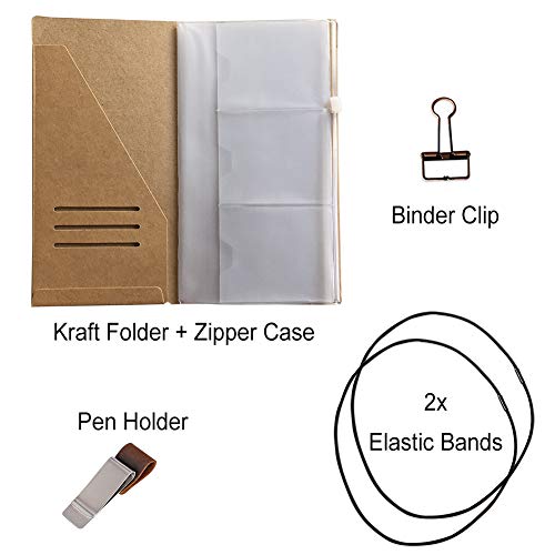 Travelers Notebook Accessories Kit - Kraft File Folder, Zipper Case, Pen Holder, Binder Clip and 2 Elastic Bands - size: Standard Size