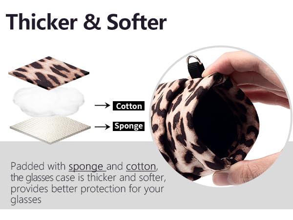 Face Shadow Double Glasses Case Soft Eyeglass Case For Women Men | Sponge-padded Lining Squeeze Top Sunglasses Case Stitched Cleaning Cloth Removable Wrist Strap for Daily Use Travel - color: Leopard Brown