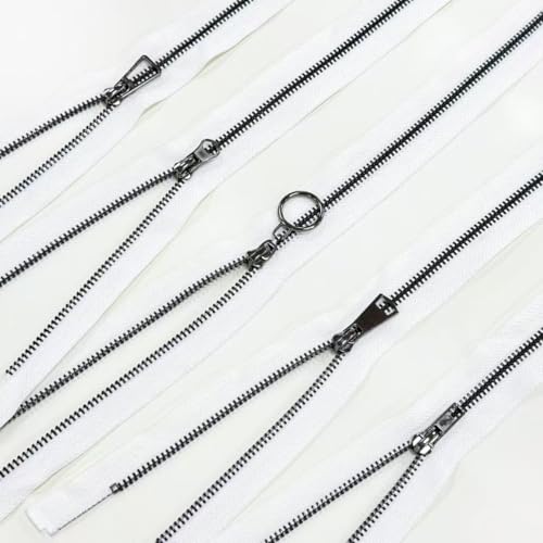 #5 Heavy Duty Metal Zipper 5 Pieces 1 Yard Long Each(White/Black Teeth) | 10 sliders, 20 top stops, pre-cut 1 yard each, for bags, pillows, jackets, DIY crafts, home decor - color: White/Black Teeth