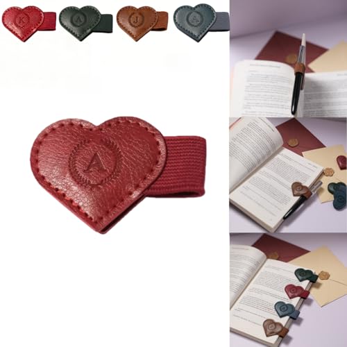 Magnetic Leather Bookmarks with Pen Holder, 26 Letters Name Initial Custom Personalized Heart-Shaped Book Marks for Book Lover Readers, Bygone Cute Leather Bookmark Gift for Women,Girls (Red,A) - color: Red, size: A
