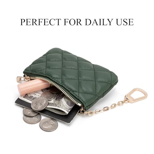 Quilted Faux Leather Coin Purse with Keychain - Small Coin Pouch Key Pouch Small Card Holder Keychain Wallet Change Purse for Women and Men (Olive Green) - color: Olive Green
