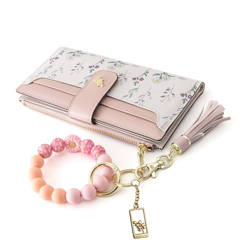 Womens Wallet RFID Blocking Slim Thin Floral Pattern | Card Holder Bifold with Coin Zipper Pocket Long Ladies Wallets for Girls Pink - color: Pink