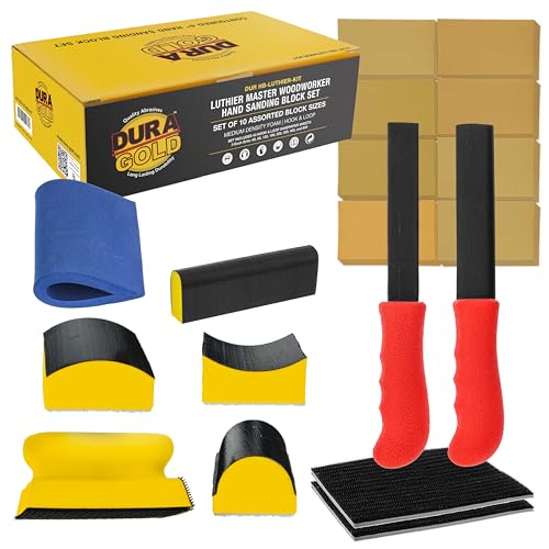 Dura-Gold Luthier Acoustic Guitar Master Woodworker Hand Sanding Block Set with 40 Sheet Hook & Loop Sandpaper Kit - Music Radius Repair Tools, Convex & Concave Profile Shapes, File Sticks - Sand Wood - size: 10-Piece