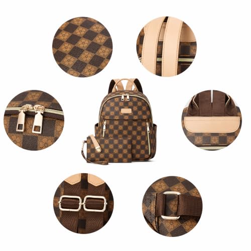 Makes Mini Backpack for Women, Small Casual Backpacks Daily Travel Bag 2pcs | Small Bookbag,Work Travel School PU Leather Shoulder Bag Mochilas Para Mujer Rucksack Gifts for Lady Girls Mother Wife - color: Checkered Coffee