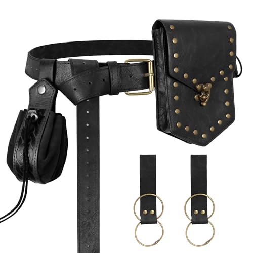 Renaissance Belt Pouch Medieval Pirate Costume Accessories Set for Cosplay | Viking Faux Leather Waist Bag, Skirt Hike Clips, Perfect for Women and Men Ren Faire, LARP, Fantasy, Halloween - color: Black-B