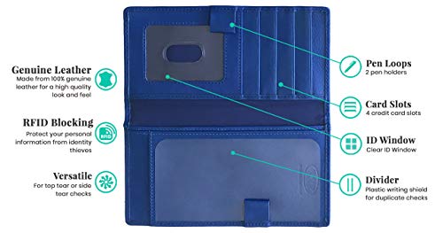 RFID Leather Checkbook Cover With Credit Card Slots and Pen Holder - color: Cobalt Blue