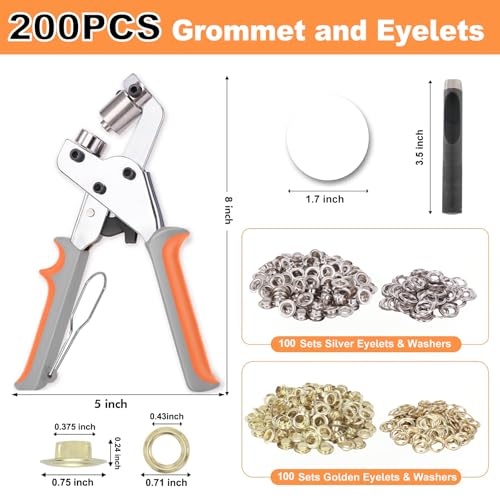 Grommet Tool Kit with 200 Sets 3/8 Inch 10mm Grommets, Heavy Duty Grommet Kit, Grommets Pucher with Hole Punch and Eyelets, Eyelet Pliers Kit for Tarp, Fabric, Banner, Canvas, Leather - size: 3/8in-200Sets