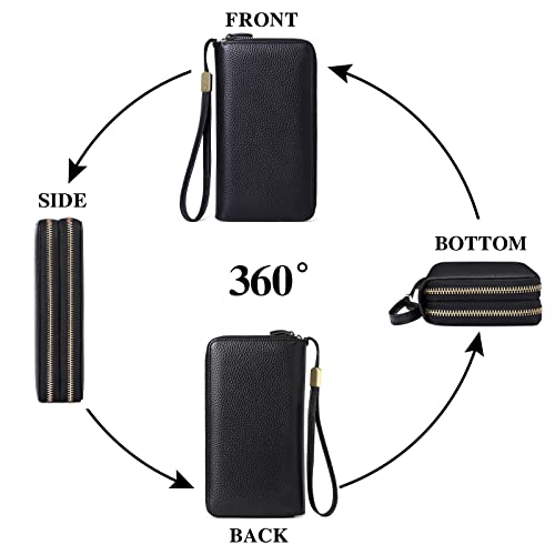 SENDEFN Leather Women Wallet RFID Blocking Zipper Around Phone Holder Clutch Wristlet Large Capacity - color: Black