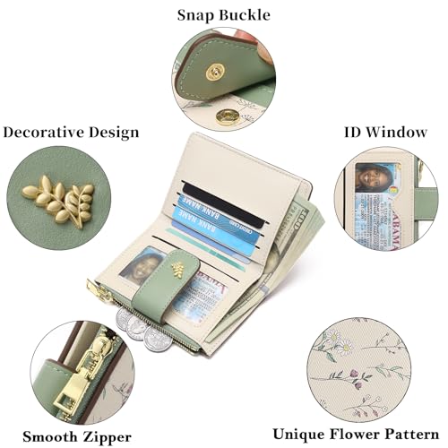 GAEKEAO Wallet Women Small RFID Vegen Leather Card Holder for Women | Compact leather wallet, credit card holder, RFID protection, ID window, coin pocket, lightweight travel purse - color: Green
