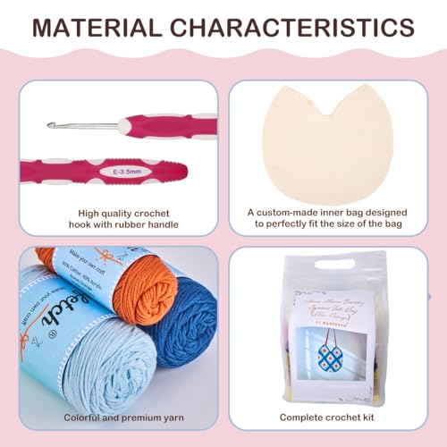 Hanfetch Crochet Kit for Advanced or Intermediate Beginner, Step by Step Video Tutorial and Detailed Guide Instruction DIY Craft Supplies for Adult and Kid with Complete Kit for Granny Square Tote Bag - color: Blue-Orange